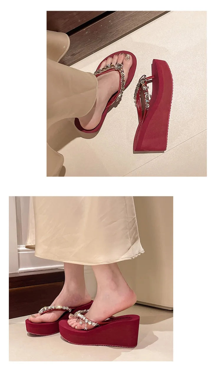 2025 Summer New High-heeled Flip Flops Women's Rhinestone Chain Pendant Thick Bottom Fashionable Clip on Sandals Beach Slippers