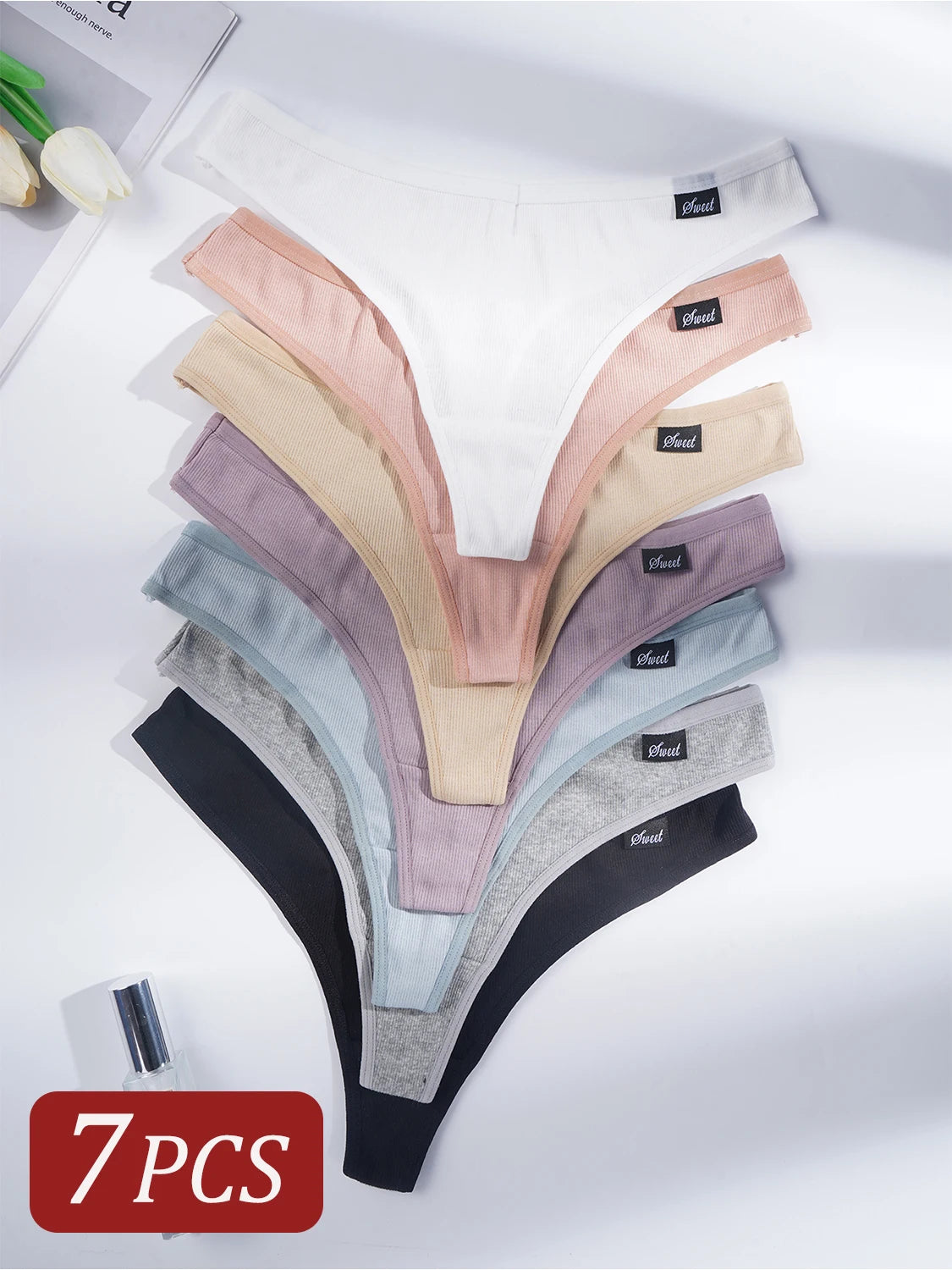 7PCS Cotton Women's Panties G-String Low Waist Solid Color Thongs Soft Breathable Underwear Sexy Intimates Lingerie tangas mujer