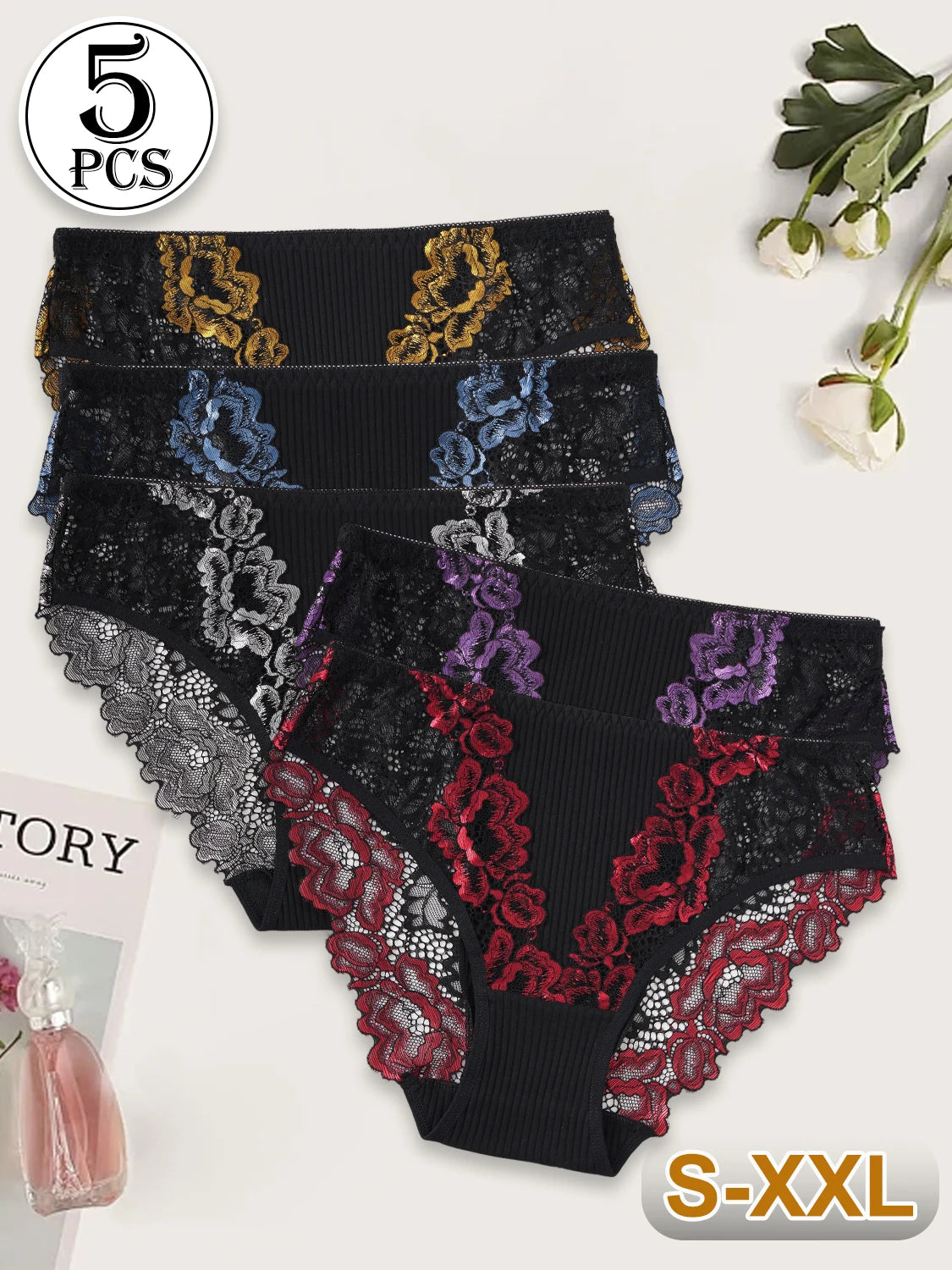 5PCS New Contrast Lace Panties Women Striped Cotton Breathable Underwear Elegant Lace Floral Sexy Briefs Mid-Rise Lingerie