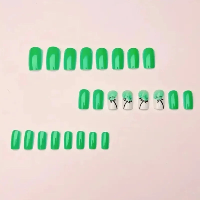 24pcs Fake Nail Green Dandelion Self-adhesive False Nails Finger Nails  for Gluing Nail Tips Nail Art Summer Press on Nails 2025
