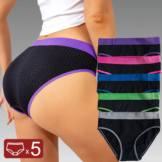 5PCS/Set Sports Women Seamless Underwear Contrast Color Geometric Pattern Panties Breathable Mid Waist Briefs All Seasons Wear