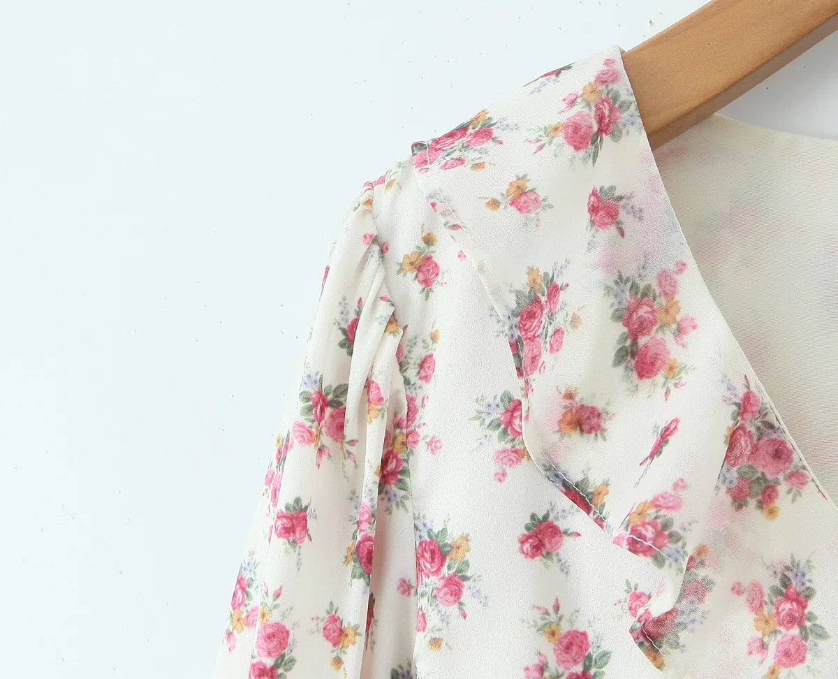 Boho Chic Floral Print Ruffle Mini Dress Women's Long Puff Sleeve V Neck Slim Fit A-line Party Dresses New Female Club Vestidos