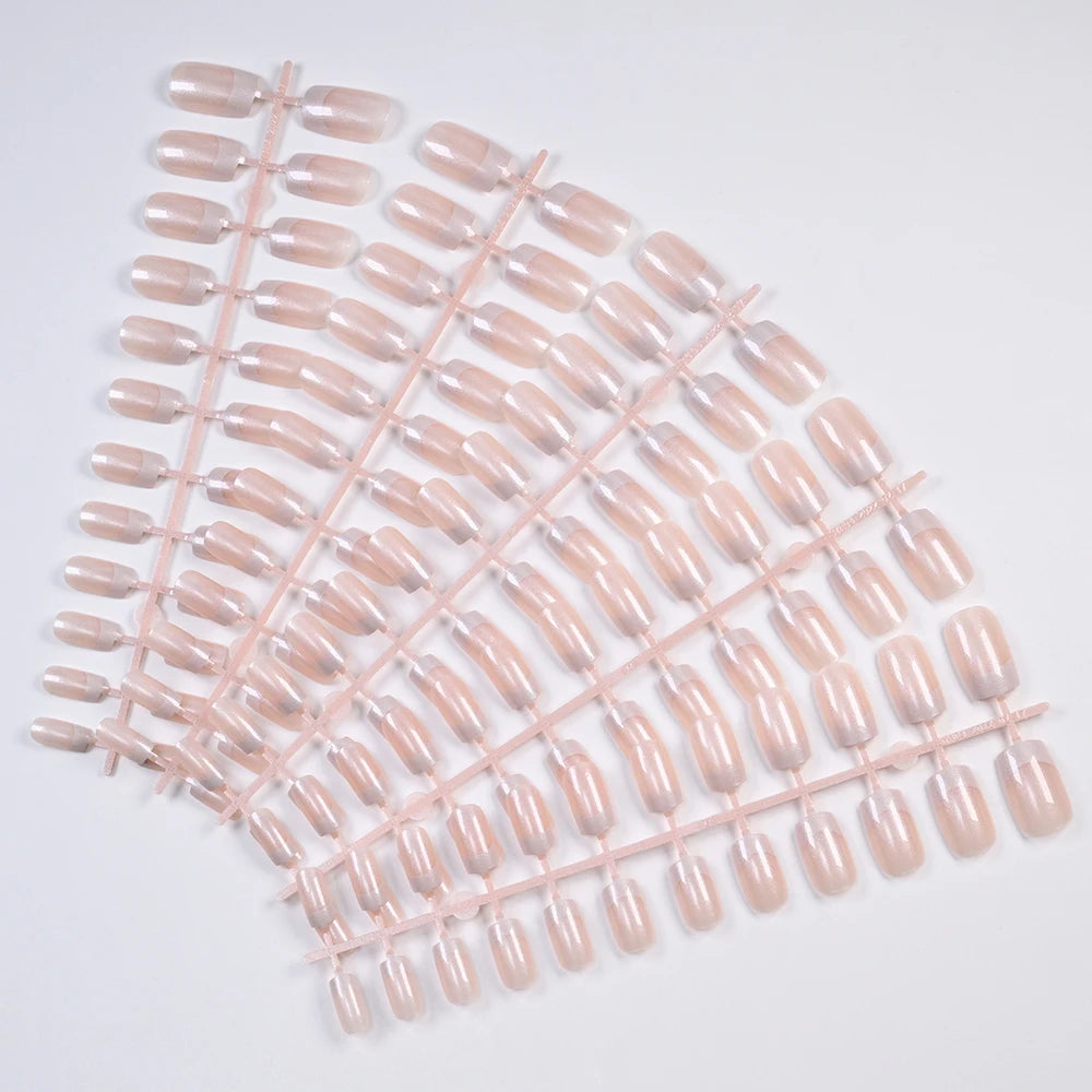 120Pcs French Pearlescent Short Square False Nails Acrylic Full Cover Artificial Press On Nails Glossy Fake Nails Extension