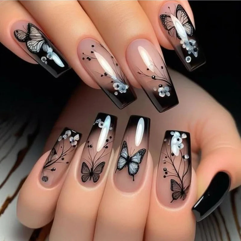 24Pcs Solid Black Short False Nails with Rose Pattern Design Ballerina Square Artificial Full Cover Press on Nail Tips for Girls