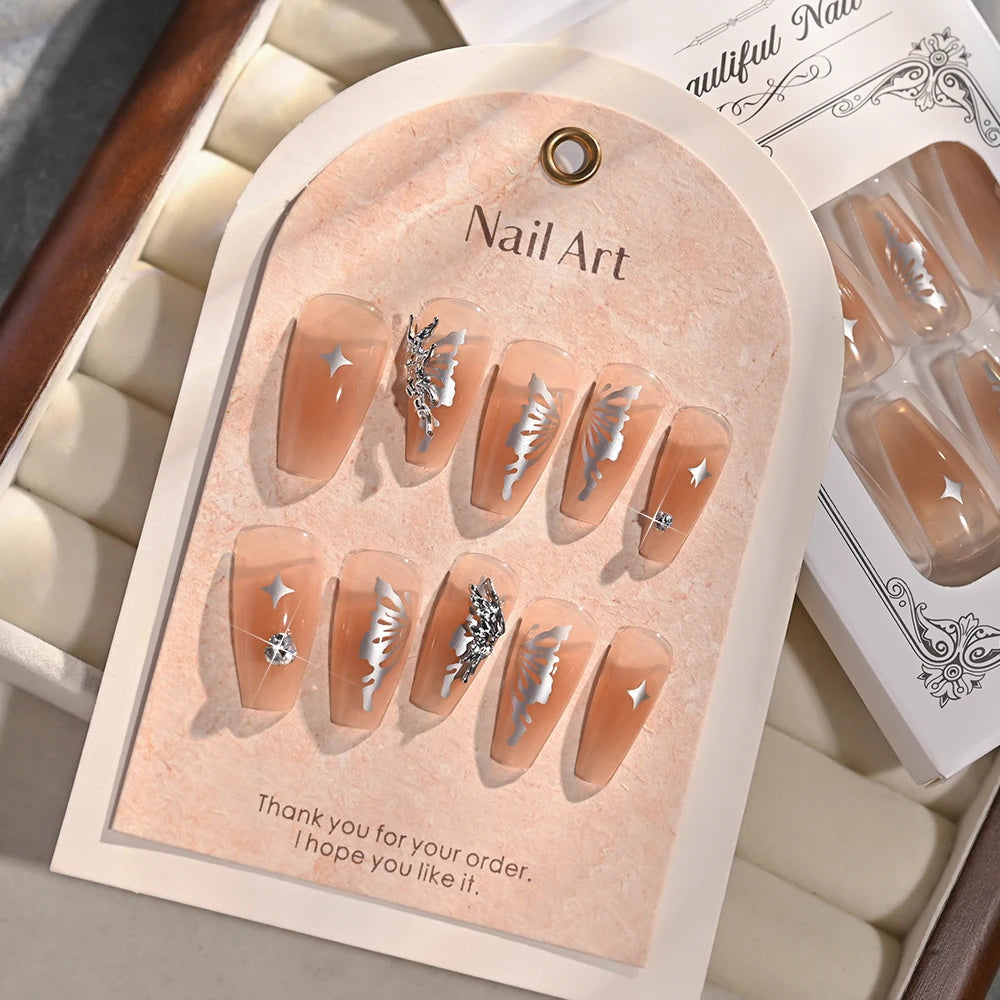 24pcs Medium Square French False Nails with Metallic Butterfly Starlight Design Full Cover Fake Nails Tips Women Press on Nails