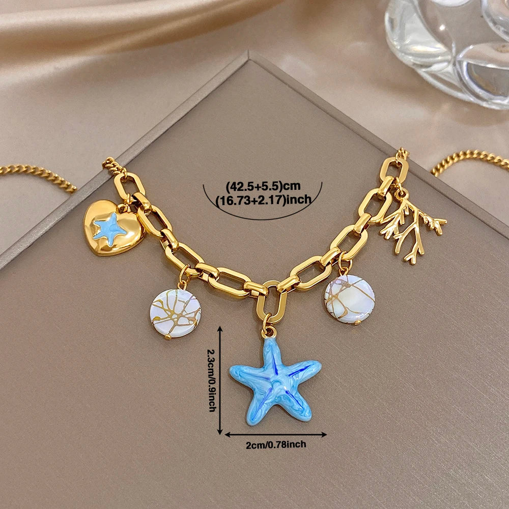 Flashbuy Golden Ocean Charm Necklace, Starfish Crab Octopus Pendant, Boho Beach Jewelry for Women, Summer Vacation Accessory