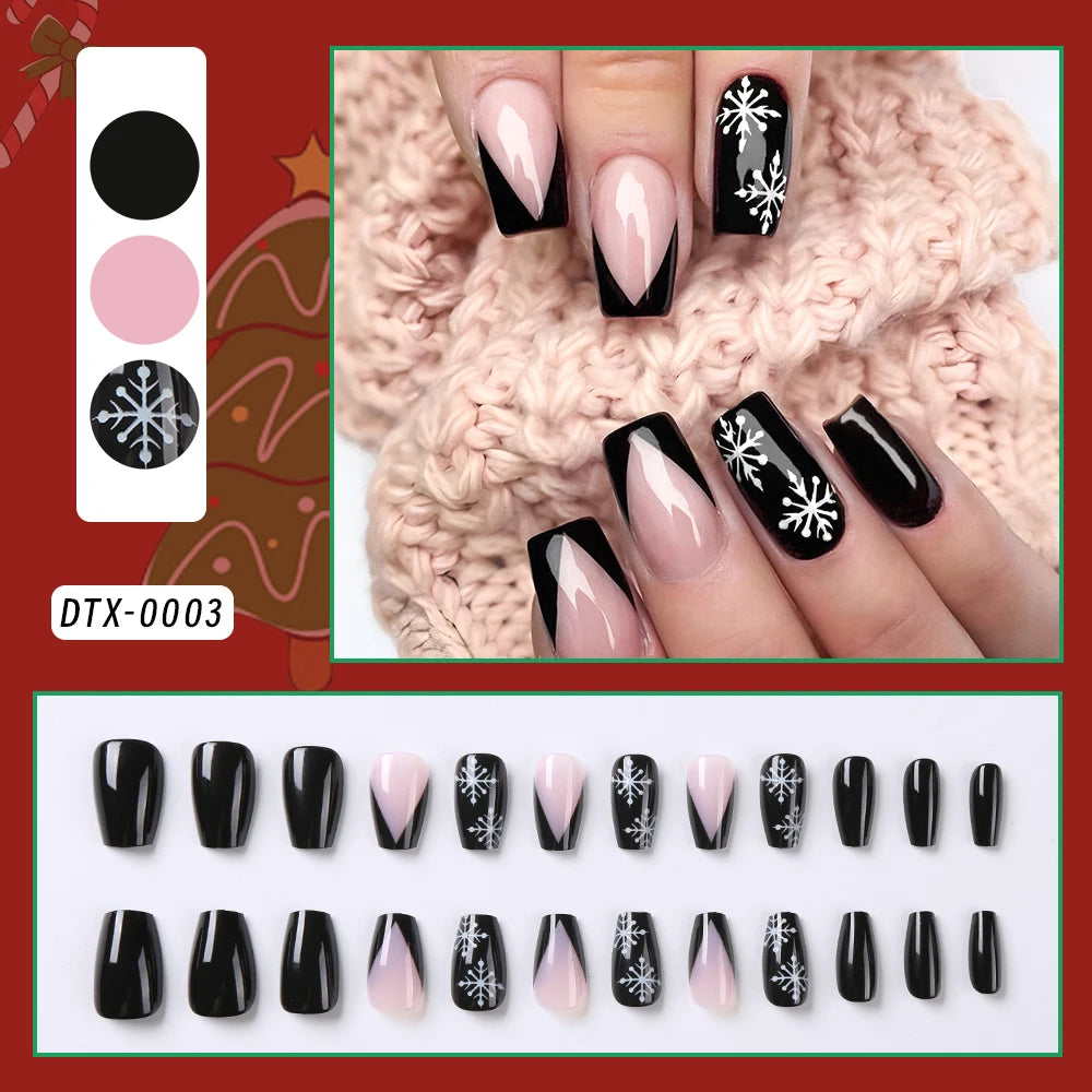 24Pcs Glitter powder French Christmas Fake Nails Almond Full Cover False Nails Snowflake with Bowknot Rhinestone Press On Nails