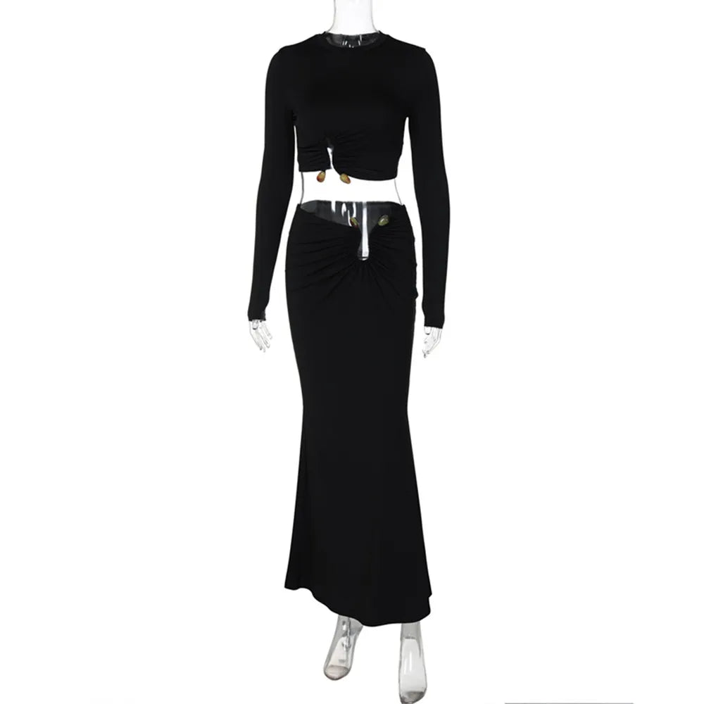 BKLD Women Clothing 2026 Autumn And Winter New Fashion Hollow Out Long Sleeve Crop Tops Slim Fit Skirt Set Two Piece Outfits