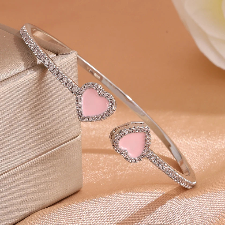ZAKOL Sweet Fashion Pink Heart Cz Stacking Bracelets for Women Girls Shiny Cubic Zirconia Cuff Bracelet Bangles Jewelry Gift