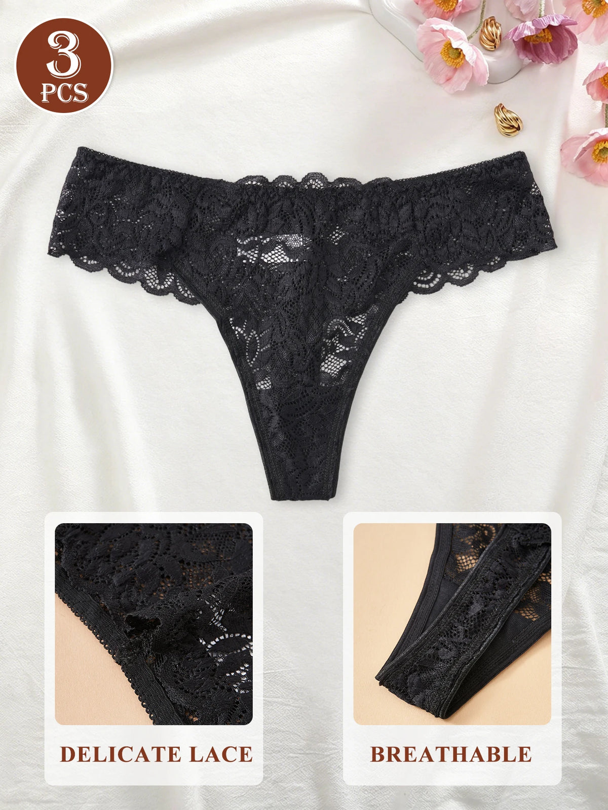 3PCS Women Floral Lace Thong Panties Low Waist Breathable Semi-Sheer G-string Sexy Intimates Underwear S-XXL