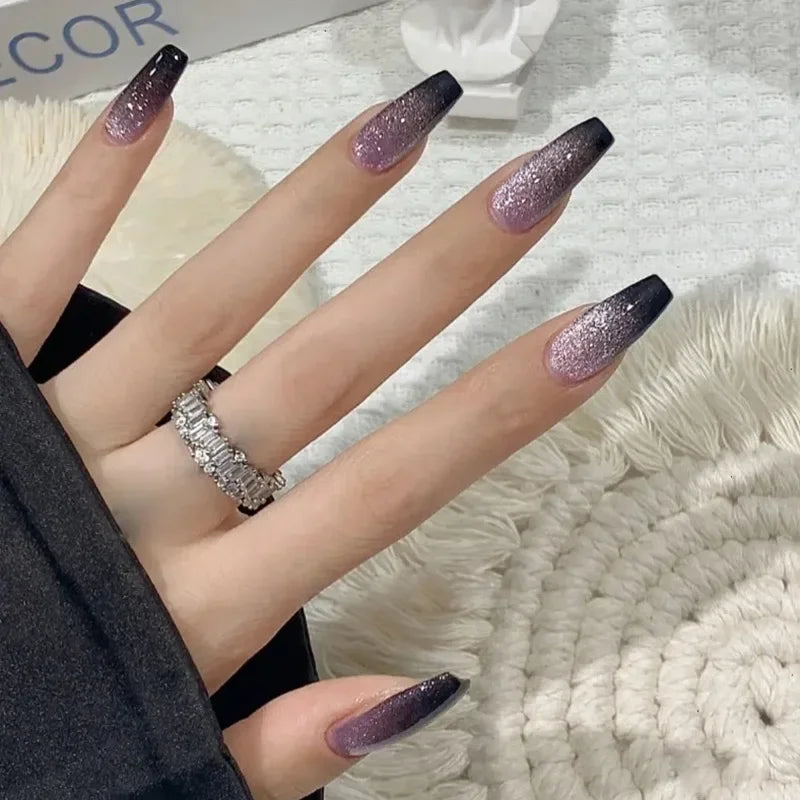 24pcs Galaxy Star Gradient Black Purple Nail Art Glitter Long Press on Nails with Charms Summer Korean Coffin False Nails Girls
