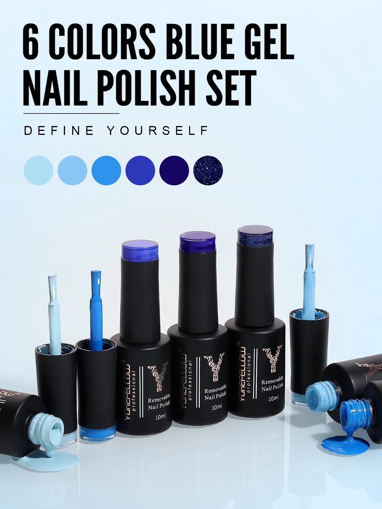 YOKEFELLOW 6Set Blue Gel Nail Polish Sky Blue Glitter Gel Nail Vernis Semi Permanent Soak Off UV Manicure Gift for Girls Women