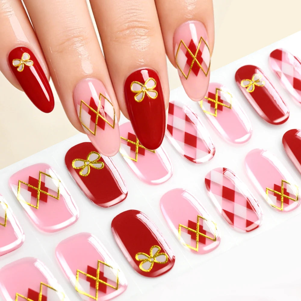 16Tips Gradient Semi Cured Gel Nail Strips Blush Flower Design Full Wrap Nail Decals French Gold Lines Gel Nail Polish Sticker