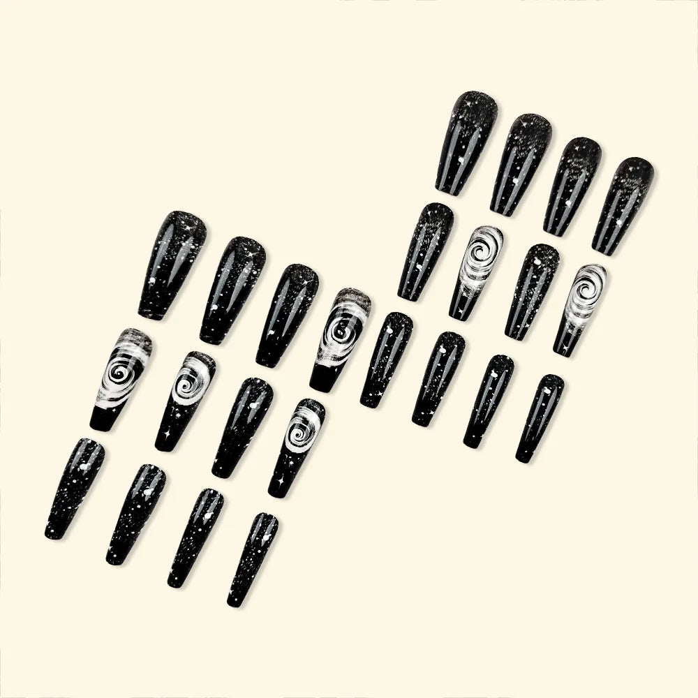 24pcs/set medium long fake nails square ballet nail tips glitters starry sky moon star feather design press on false nail art