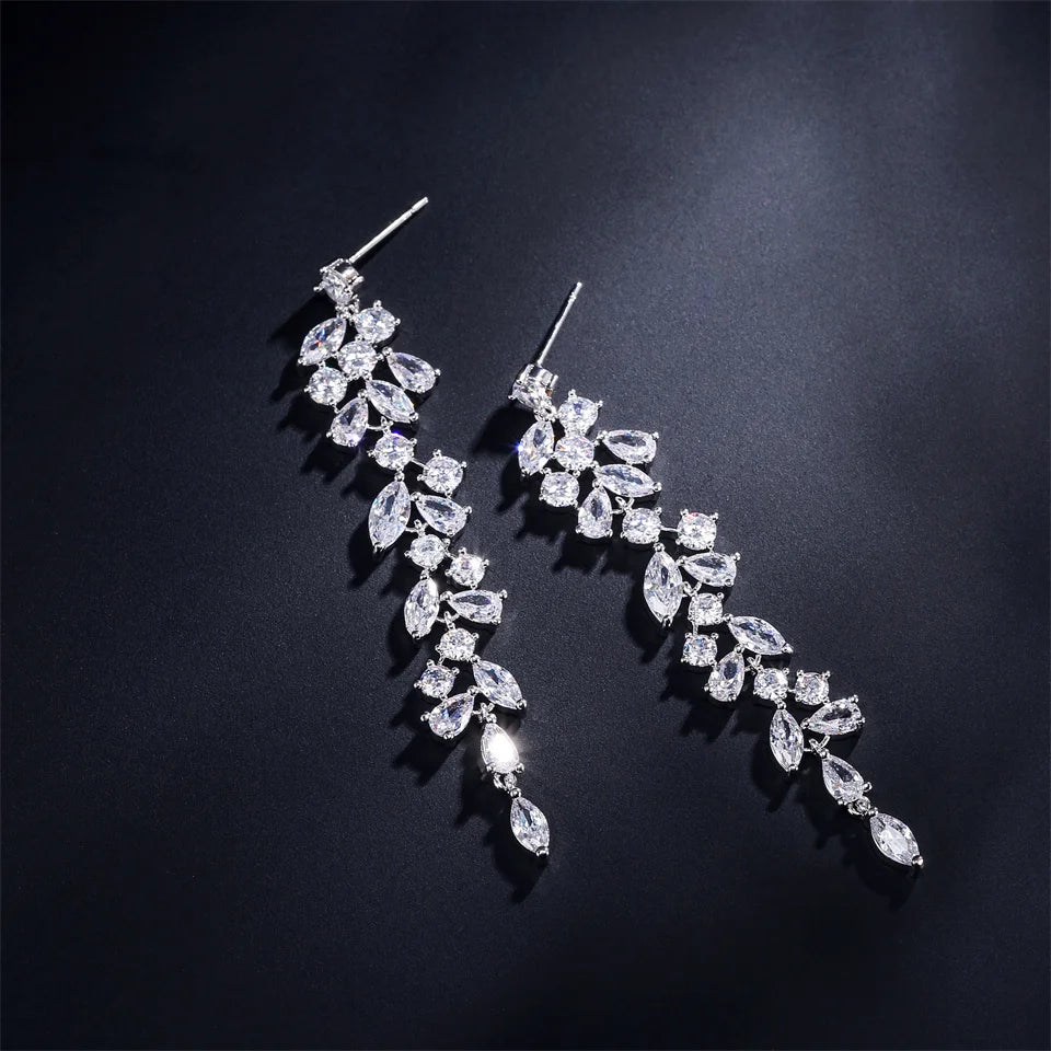 ZAKOL Fashion Cubic Zirconia Leaf Long Dangle Earrings for Elegant Women White Leaves Drop Earring Bridal Wedding Jewelry