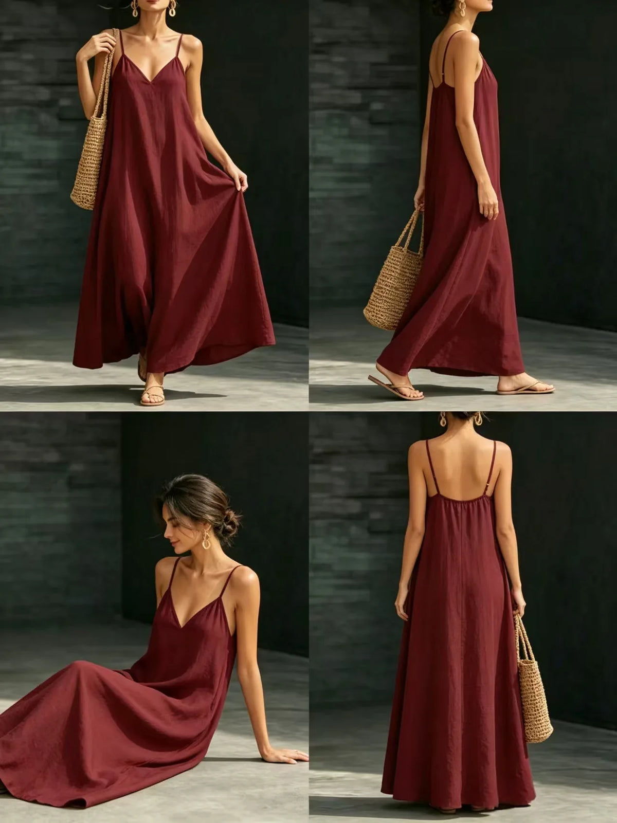 Women Linen Spaghetti Strap Maxi Dress V Neck Loose Swing Long Dress With Pockets Casual Summer Beach Vacation Sundress Ladies