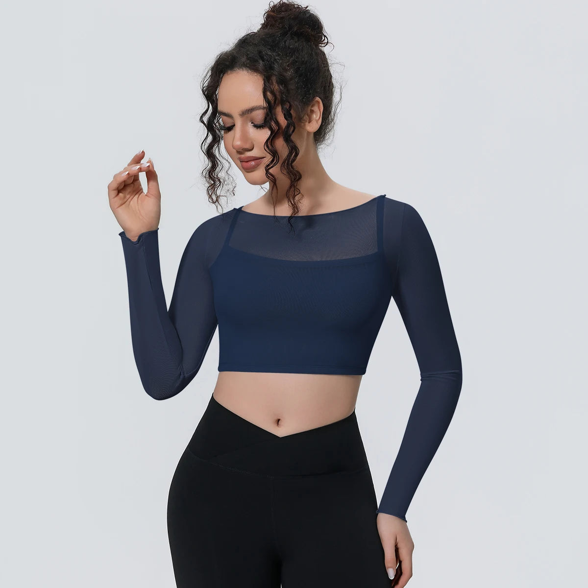 Woman Sports Yoga Long Sleeves Workout Top Solid Color False Two-piece Mesh Running Shirts with Chest Pad Summer Long Sleeves