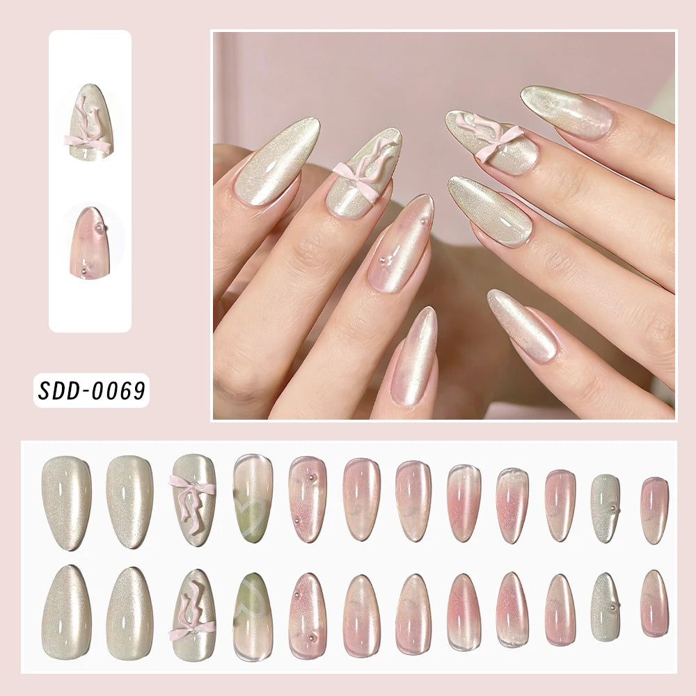 24Pcs Red Bowknot Design False Nails Medium Almond Fake Nail Tips Extension with Shiny Diamond for Women Wearable Press on Nails