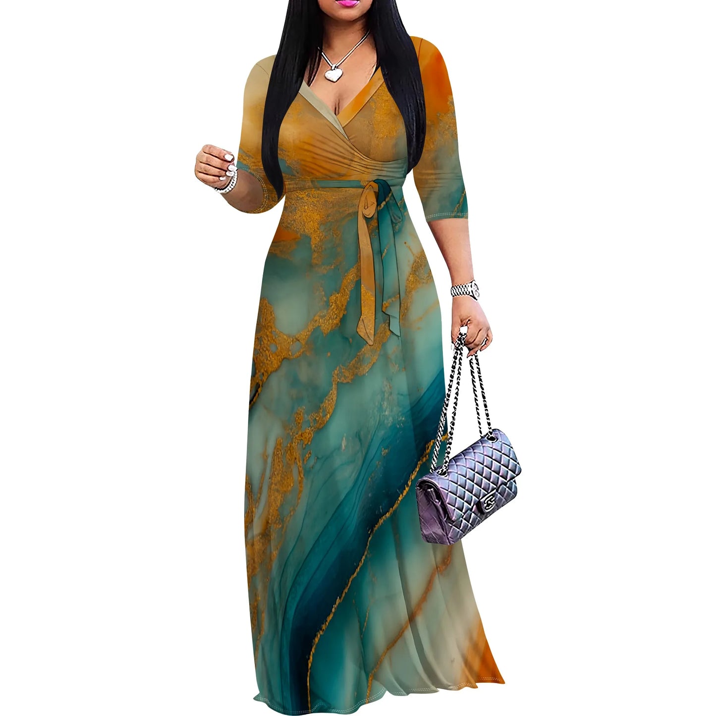 Marble Print Wrap Maxi Dress (S-3XL) – Elegant V-Neck Summer Dress for Wedding & Vacation | فستان ماكسي لف بنقشة الرخام (من S إلى 3XL) – تصميم أنيق برقبة V لصيف أنثوي للمناسبات والعطلات