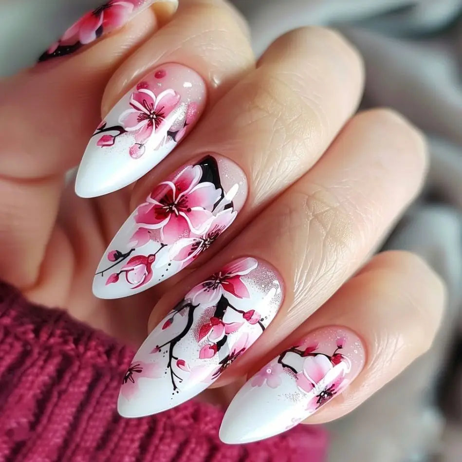 24pcs/set Medium long fake nails yellow dragon flowers feather design for Spring summer Square almond tips press on false nail