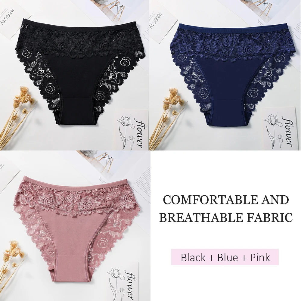 3PCS Women's Panties Sexy Hollow Out Flower Lace Cotton Splicing Briefs Comfort Lingerie Breathable Underpants Daily Wear