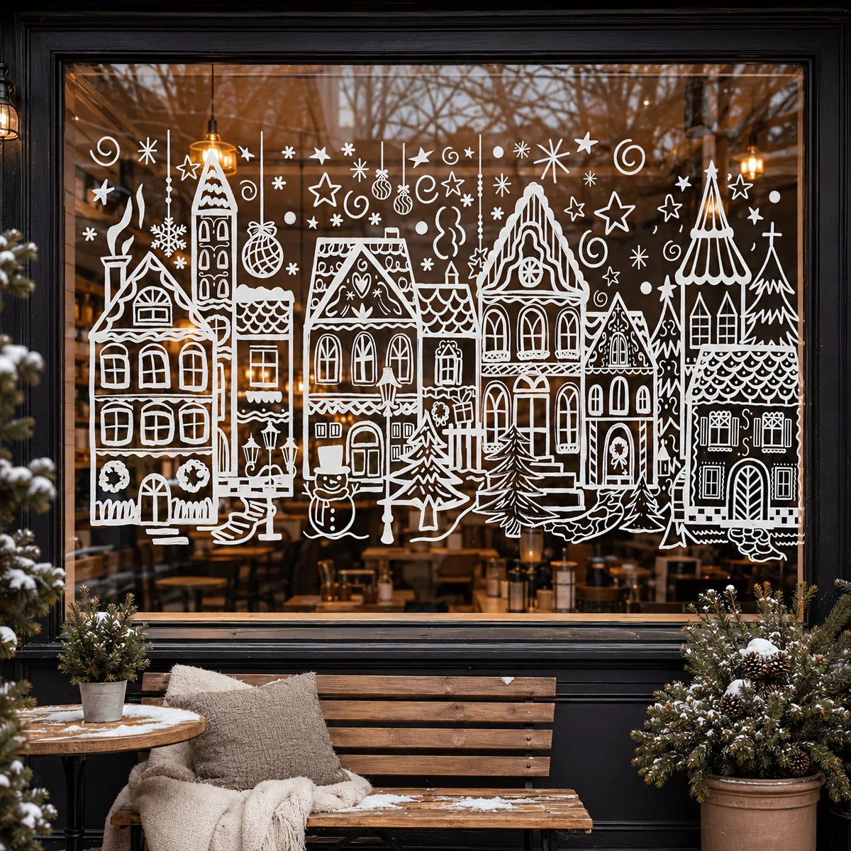 4 Sheets Christmas Window Clings, White Line Art Winter Town House Snowman Glass Decals, Xmas Holiday Removable Window Stickers