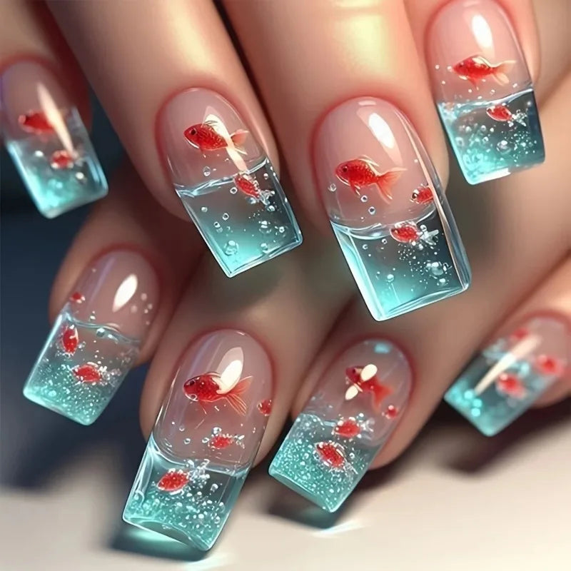 24pcs Square Stick-on Nails Set Goldfish Nail Tips Cheap Nail Seal Summer Beautiful false Nails Wholesale Holiday Press on Nails