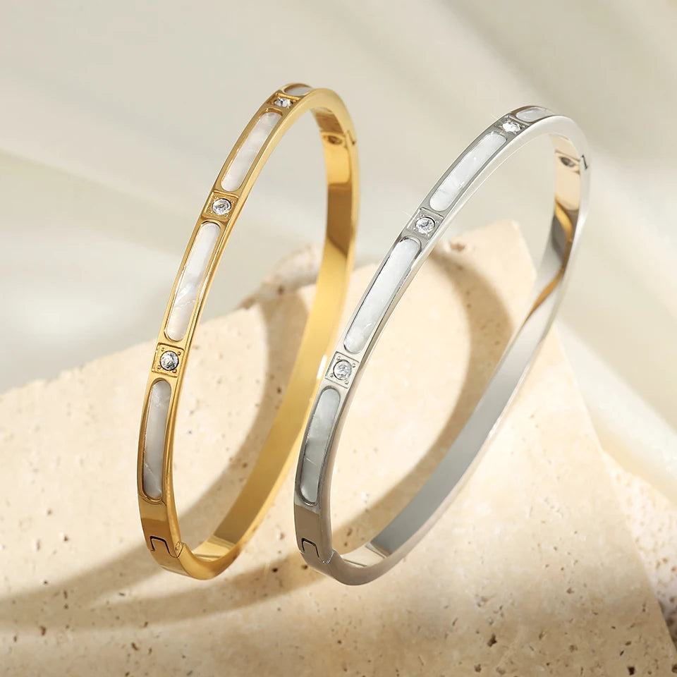 ZAKOL Niche Design White Fritillary Shell Stainless Steel Bracelet for Women Fashion Inlaid Zirconia Daily Bangle Jewelry Gift