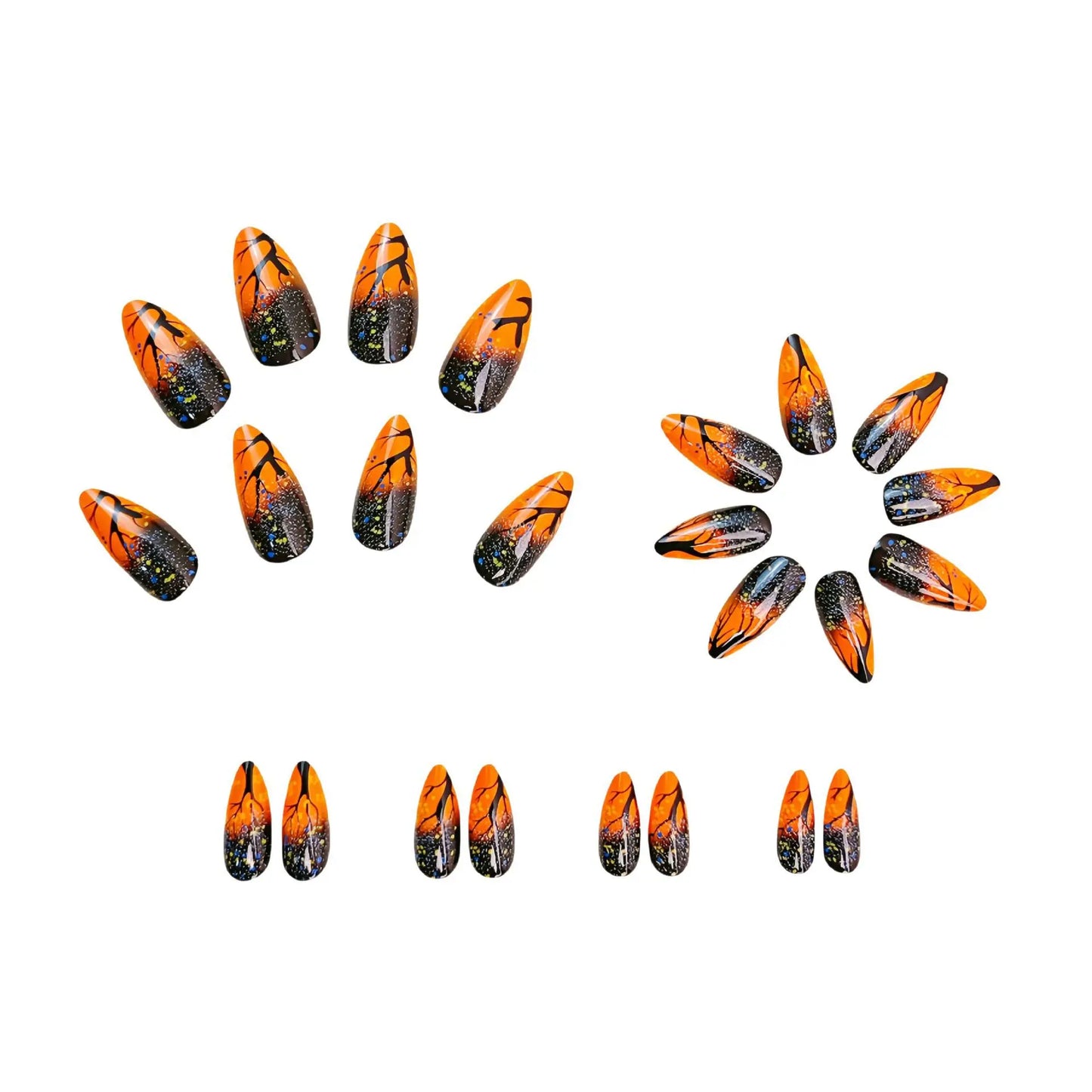 Medium fake nails for women girls gradient brown yellow tree flora almond shape full cover reusable press on false nail set