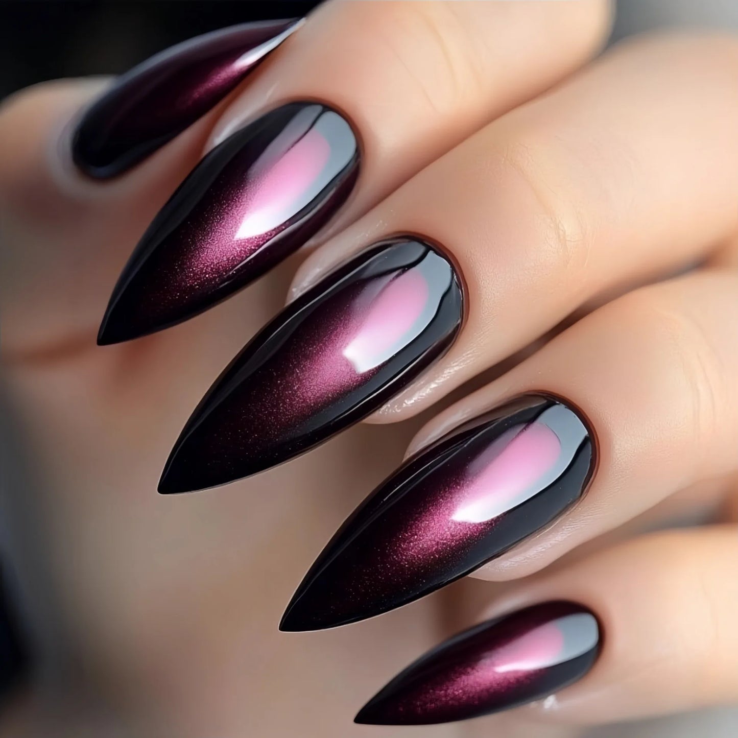 Medium fake nails for women girls wine red black glossy shimmer cat eyes Almond nail tips full cover press on acrylic false nail