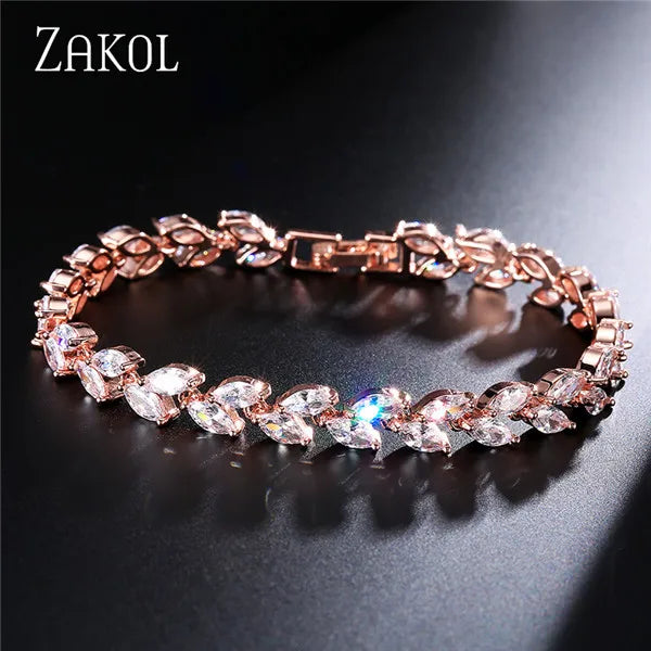 أساور ZAKOL Fashion ذات الأوراق البيضاء للنساء والرجال من الزركونيا المكعبة اللامعة بقصة الماركيز، مجوهرات لحفلات الزفاف