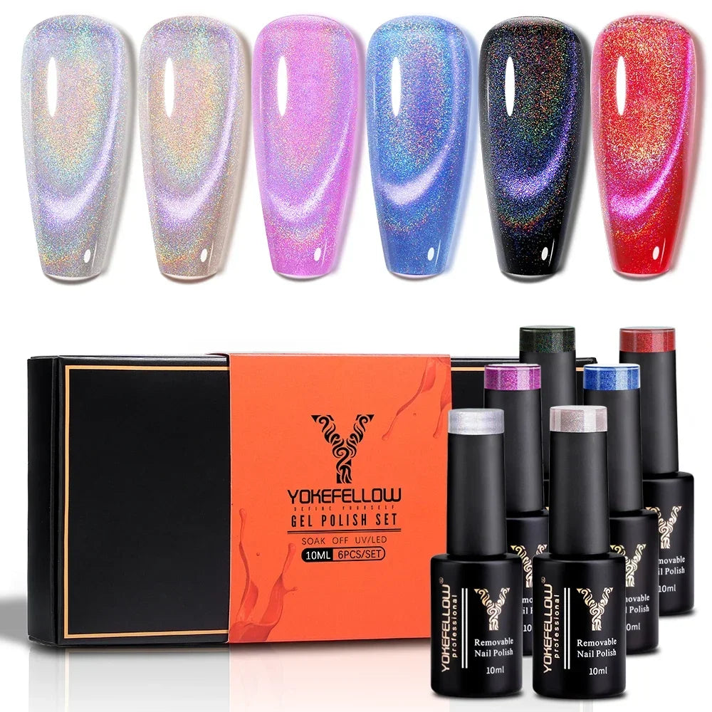 YOKEFELLOW 6Set Blue Gel Nail Polish Sky Blue Glitter Gel Nail Vernis Semi Permanent Soak Off UV Manicure Gift for Girls Women