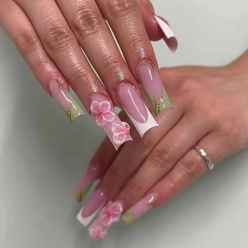 24Pcs Green French Press on False Nails with Pearl Long Square Head Nails Set Sun Star Pattern Wearable Full Cover Fake Nail Tip