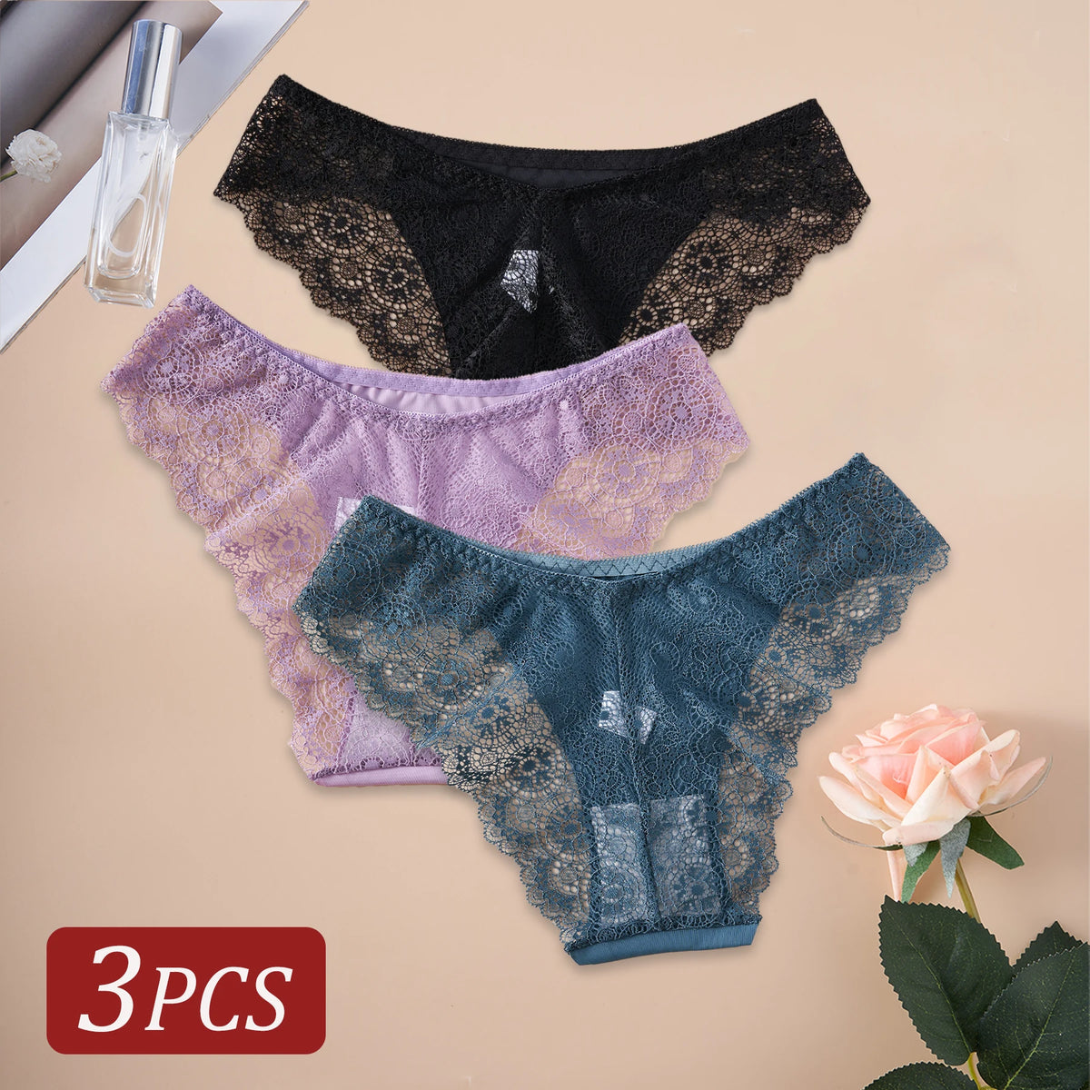3PCS Women's Panties Satin Seamless Underwear Lace Floral Sexy Lingerie Solid Color Low-Waist High Quality Briefs Breathable