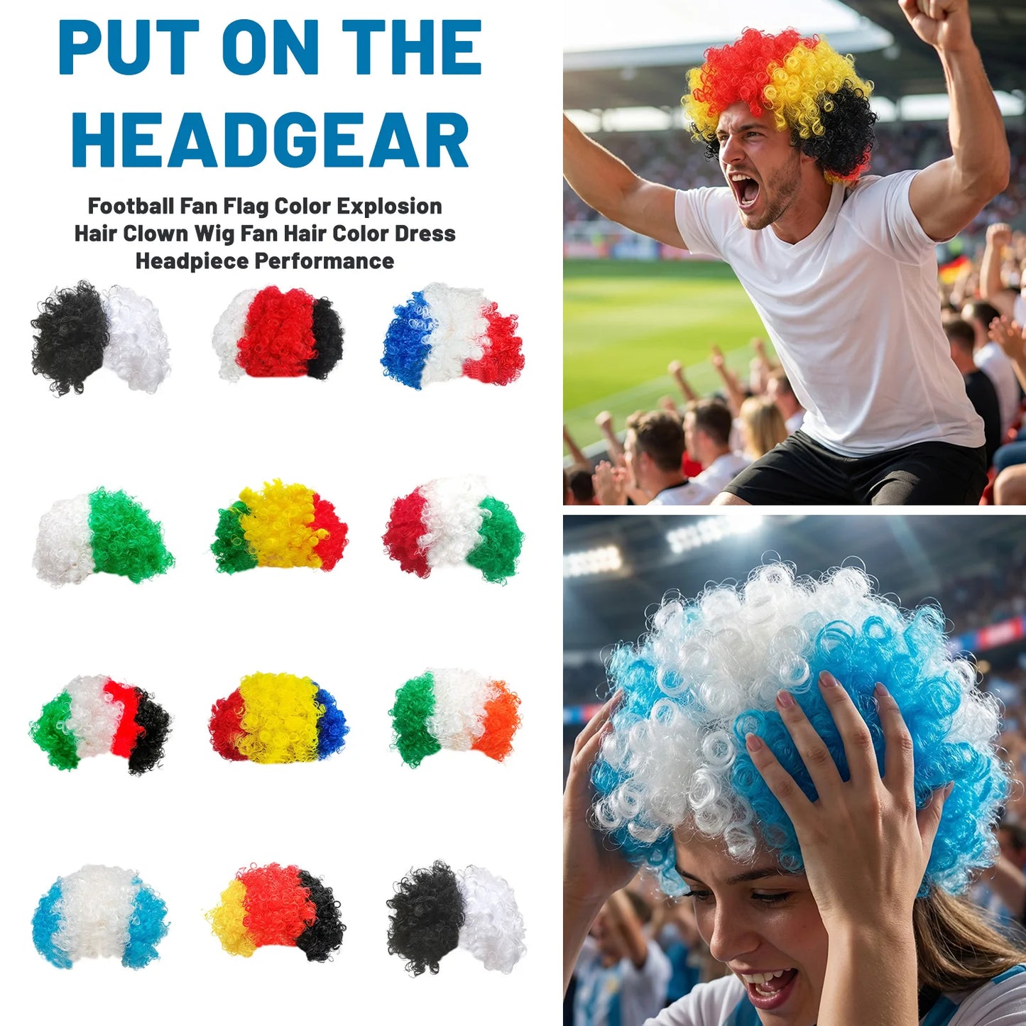 Football Fan Flag Color Explosion Wig -باروكة مشجعي كرة القدم الملونة