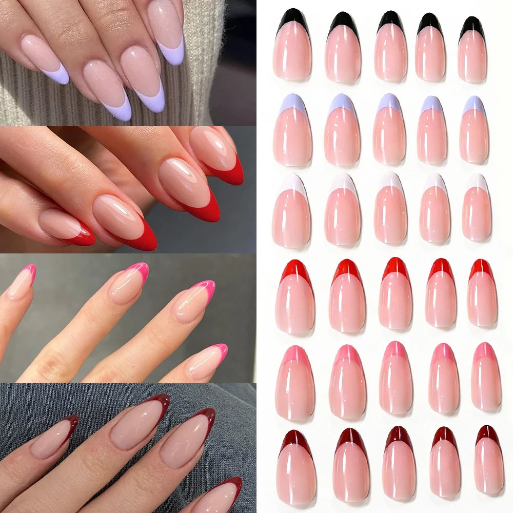 288Pcs Red Pink Medium Almond French False Nails Black White Oval Full Cover Fake Nails Tips Extension Wearable Press on Nails