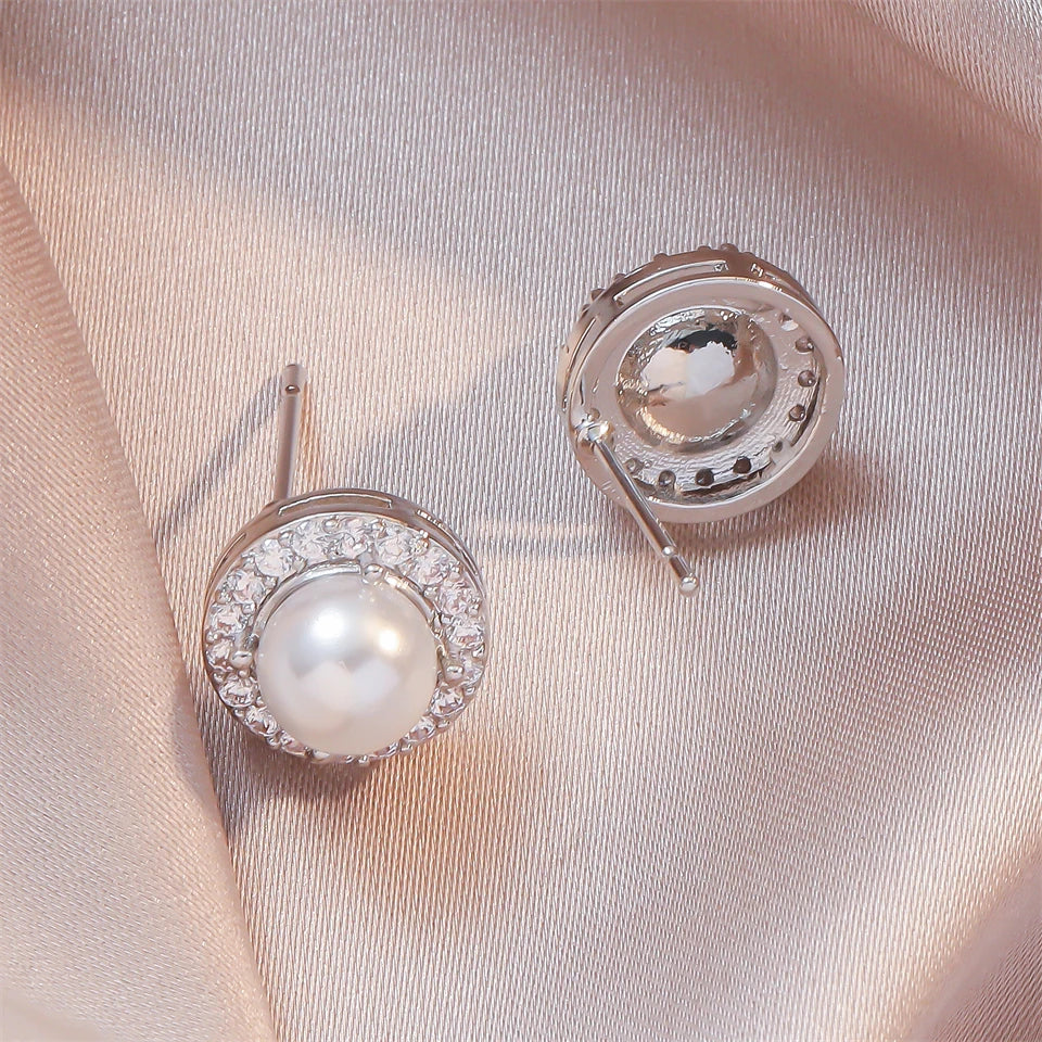 ZAKOL Delicate Light Blue CZ Stud Earrings Geometric Oval Zircon Imitation Pearl Earring for Women Fashion Jewelry Gifts