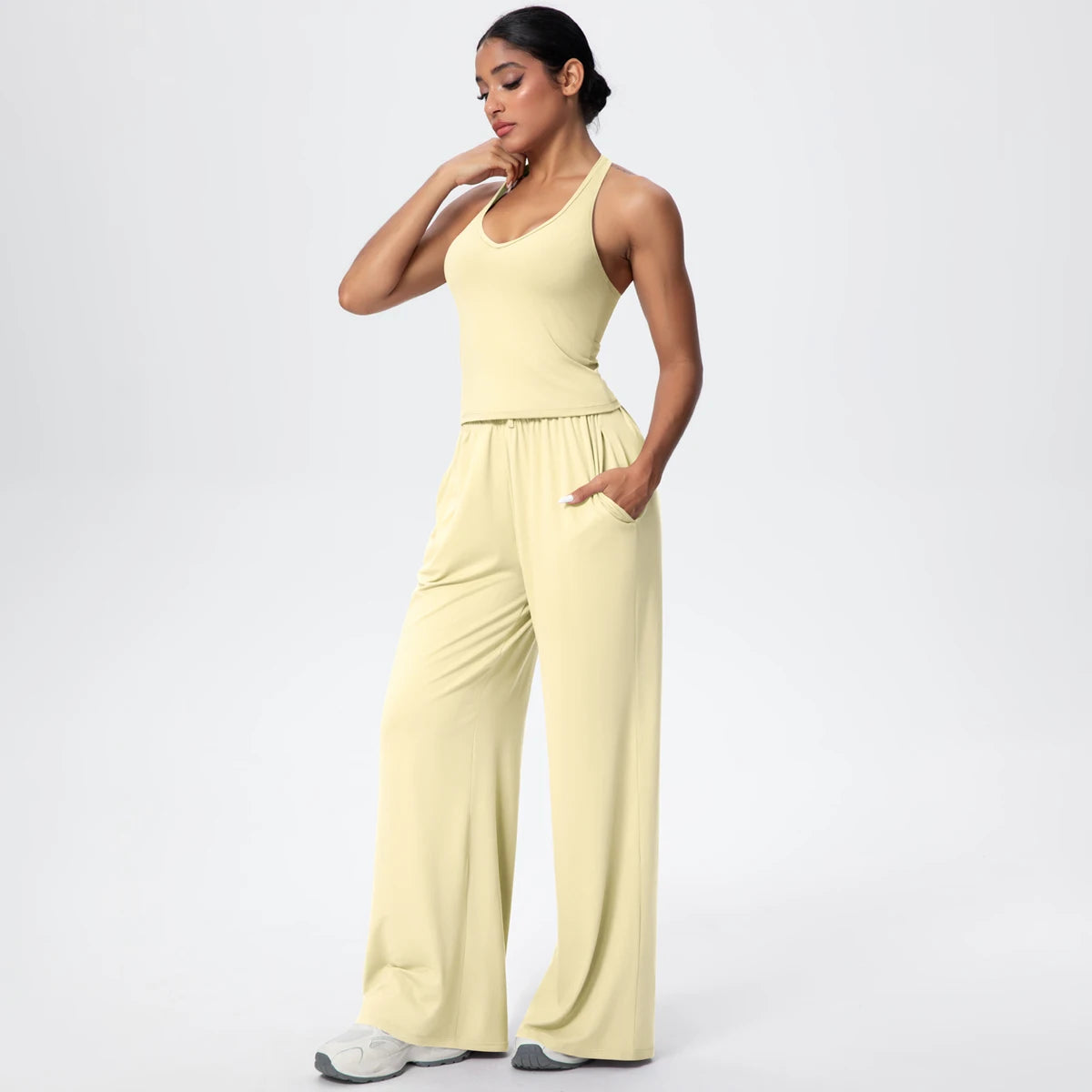 Breathable Loose Wide Leg Pants and Yoga Vest Set Solid Color High Stretch Pockets Pants Beautiful Back T-shaped Vest Yoga Suit