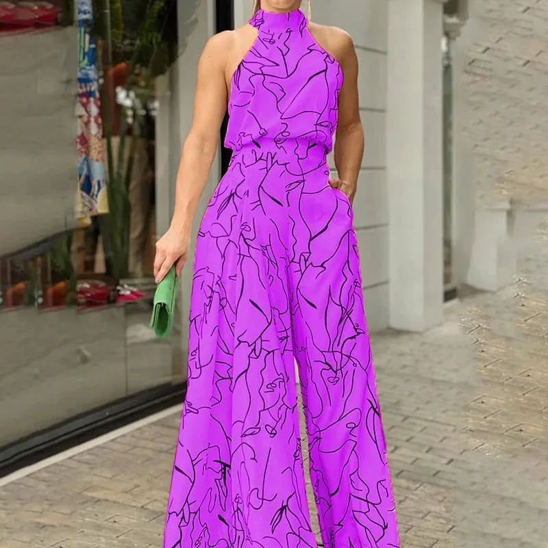 Summer Lace-Up Sleeveless Jumpsuit – Loose Fit with Geometric Print & Pockets | جمبسوت صيفي أنيق بدون أكمام برباط خصر ونقشة هندسية مع جيوب