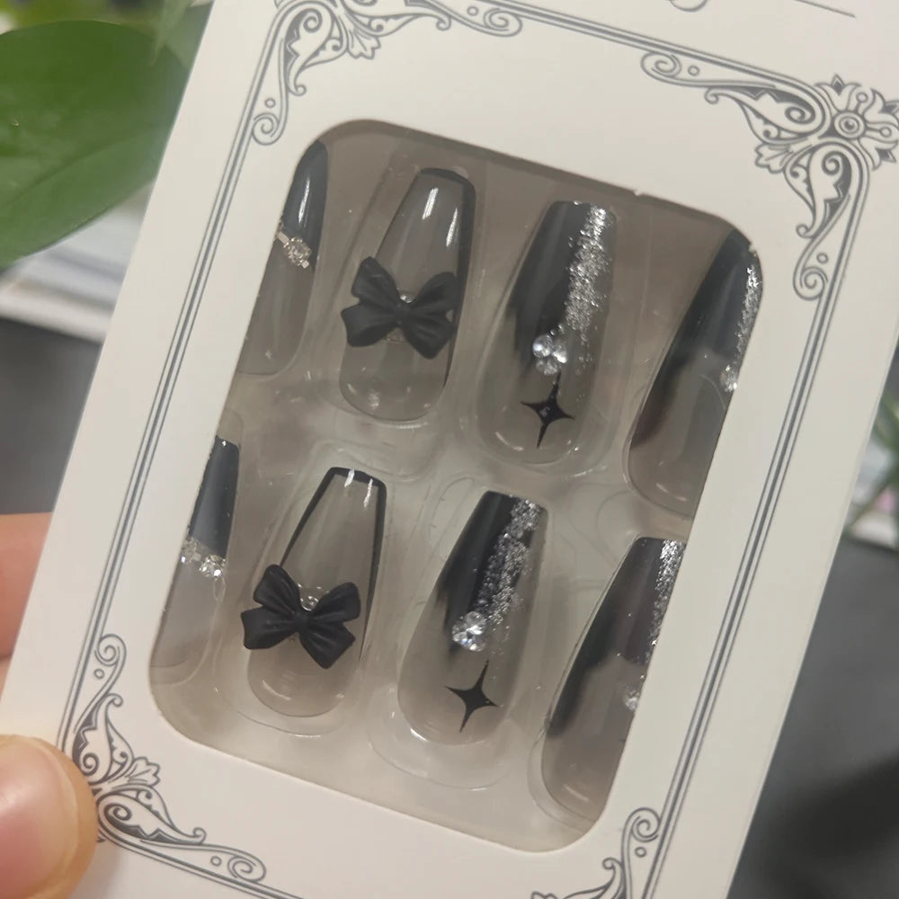 24Pcs Black Bow Ballet French False Nails Acrylic Full Cover Fake Nails with Star Bowknot Rhinestone Coffin Press on Nails