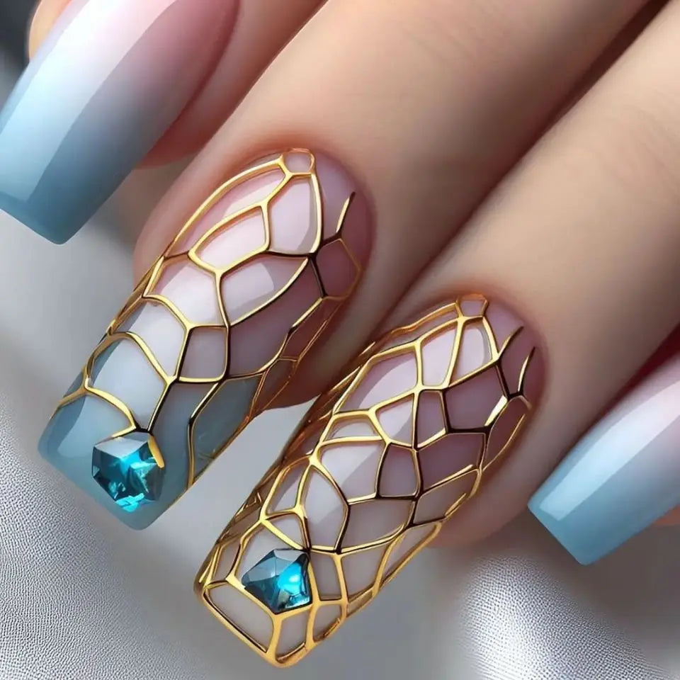 24pcs Press on Nails Fashion Blue French Tips with Flower Design Fake Nail Long Ballet Coffin False Nails Wearable Manicure Sets