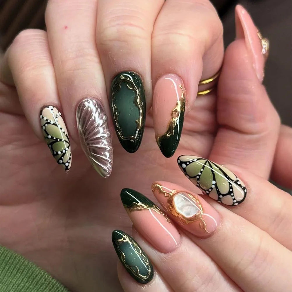 24Pcs Short Almond Nails Set Full Cover Star Moon Wave French Glitter Press on False Nails with Jelly Glue Detachable Nail Art