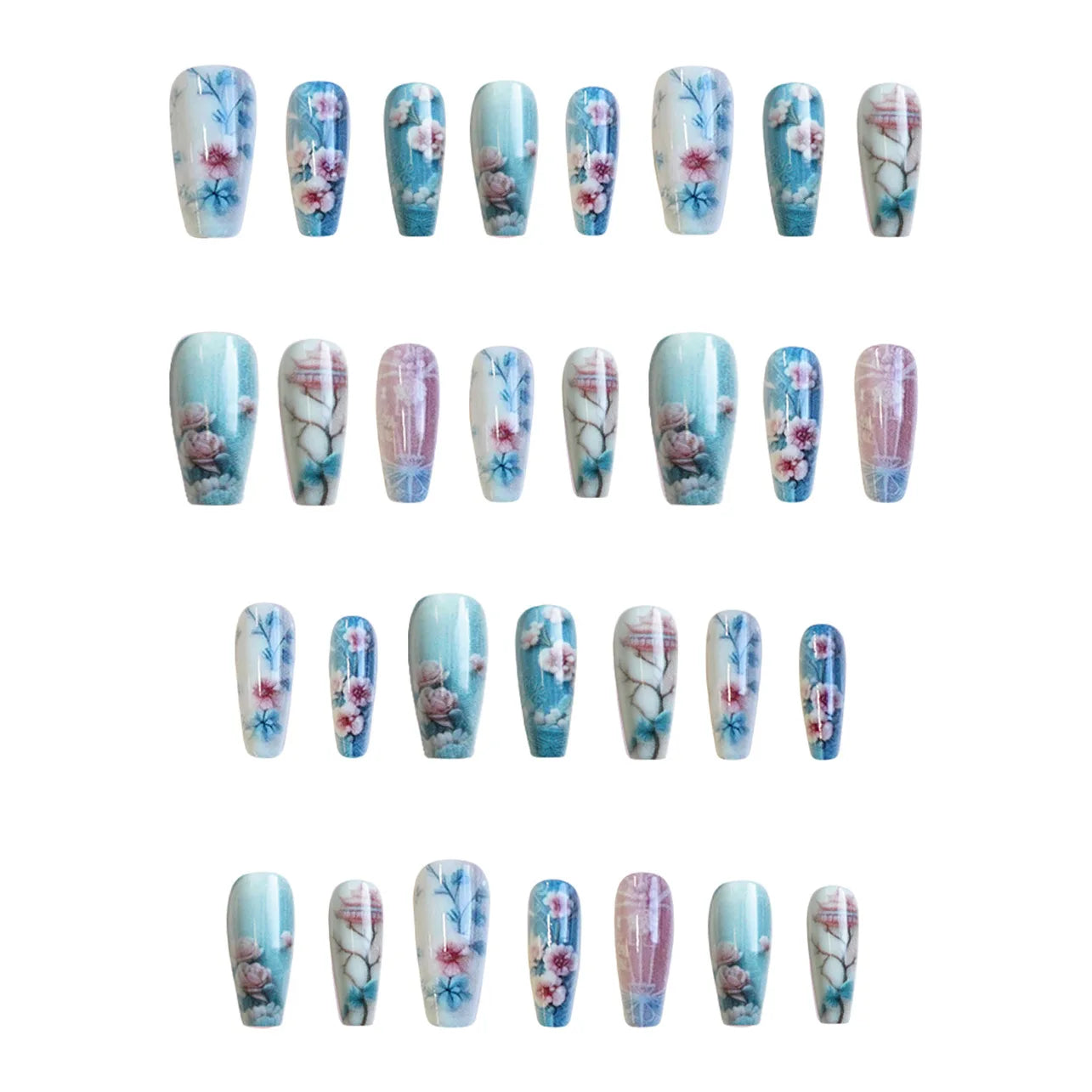 Medium long fake nails Blue pink flowers leaf for Spring summer ballet shape full cover reusable ABS Press-On Artificial Nails