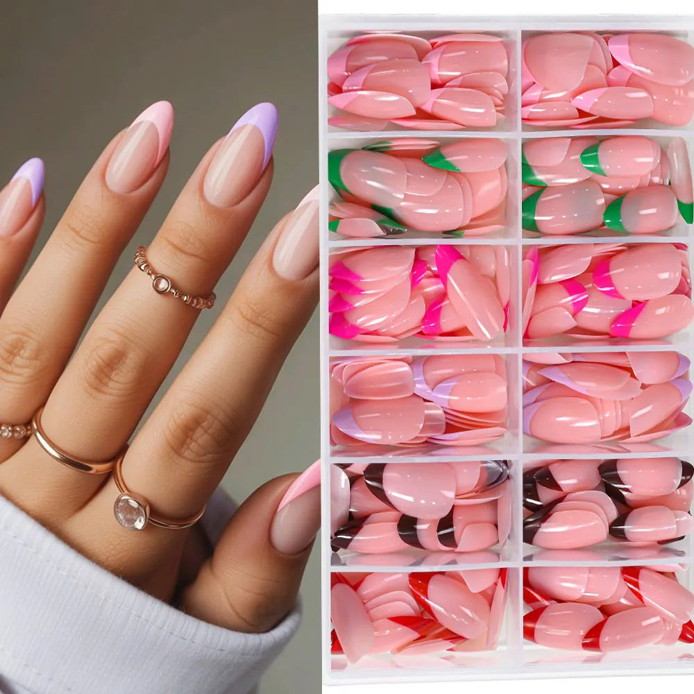 288Pcs Colorful Medium Almond French False Nails Red/Green/Pink/Purple Full Cover Fake Nails Tips Extension Women Press on Nails