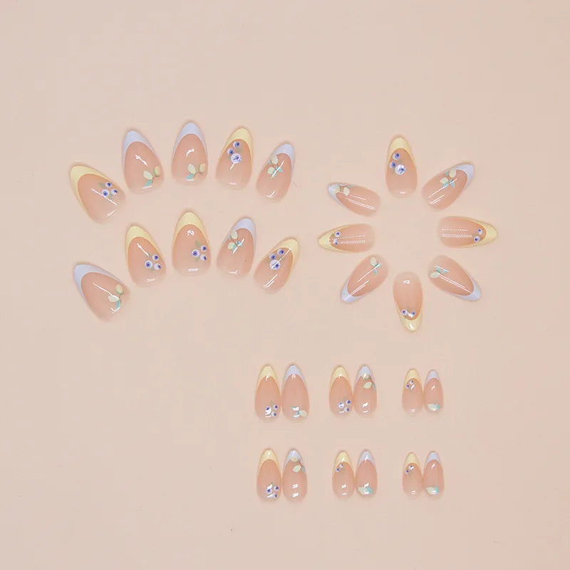 24pcs Short Oval French Fake Nails Flower Designs Press on Nails Almond Detachable Glossy Fake Nails Tips Full Cover Nail Tips
