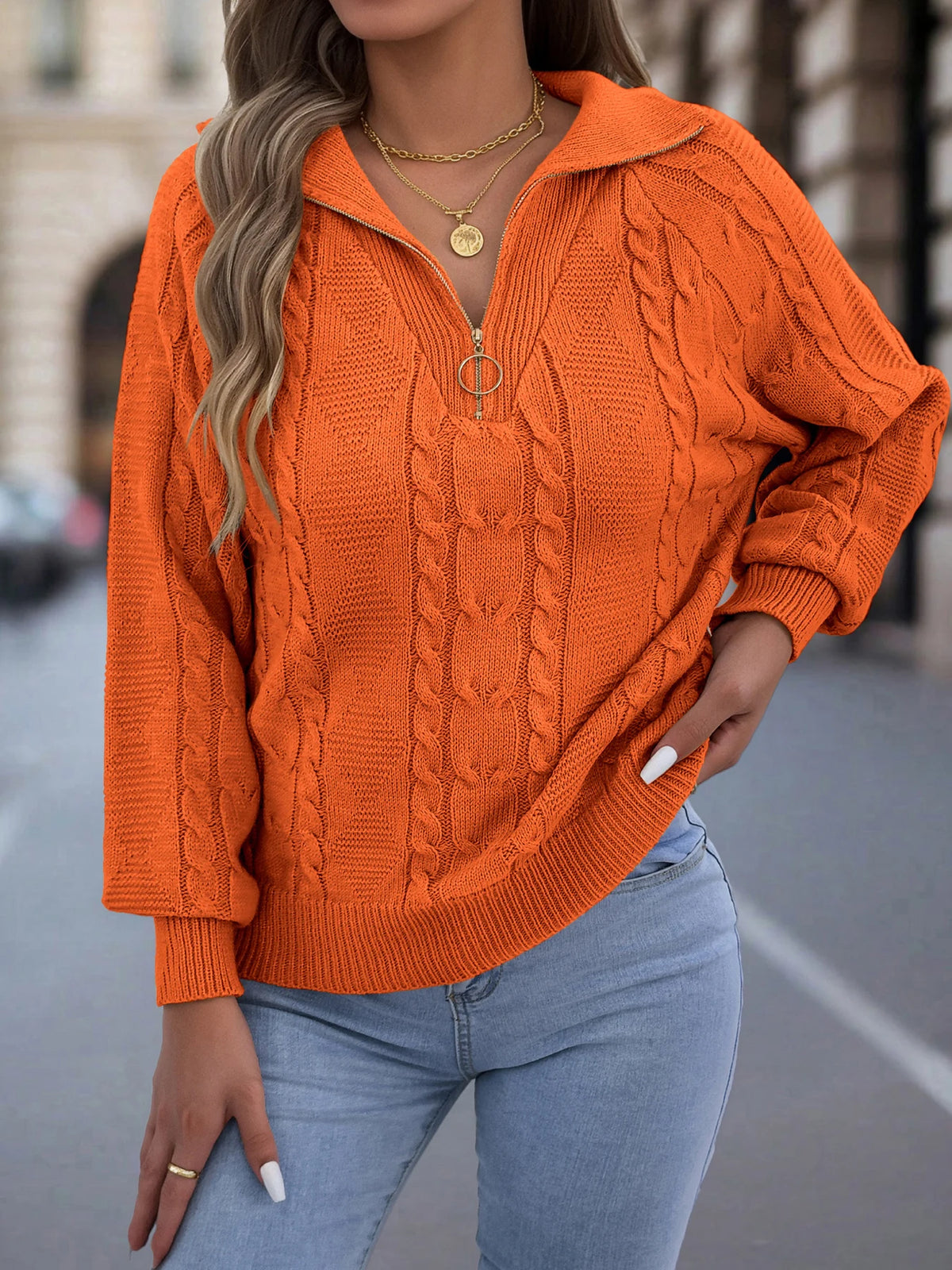 Women's Casual Turn Down Collar Half Zipper Sweaters 2026 Autumn Winter Lantern Long Sleeve Twist Knitted Tops Orange Khaki Red