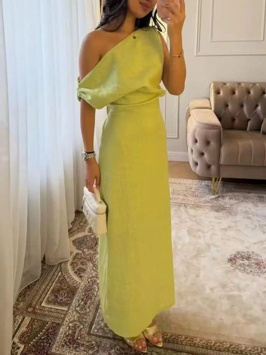 Elegant Solid One Shoulder Dresses Lady Skew Collar Waist-cinching Sleeveless Long Dress 2026 Women New Party Club Gowns