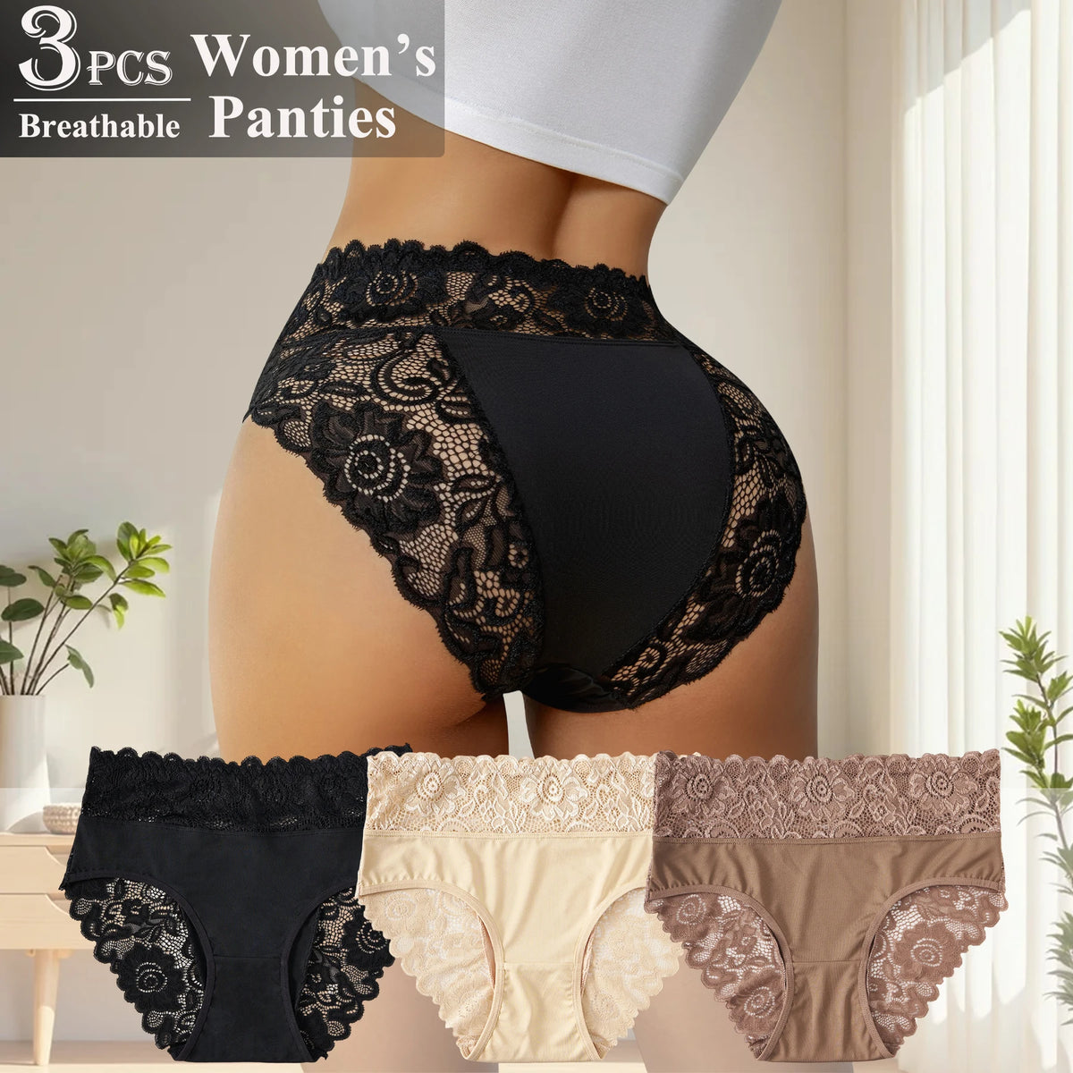 3PCS New High Waist Comfortable Women's Underwear Exquisite Floral Lace Details Briefs Solid Color Panties Casual Daily