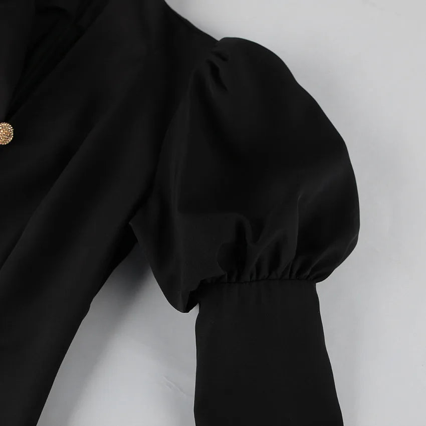 BKLD Hepburn Style Black A-Line Short Dresses Fashion Women's Clothing New V-Neck Puff Sleeve Single-Breasted Party Dress