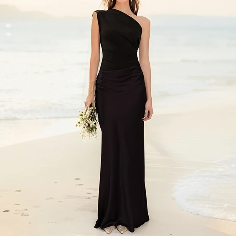 Elegant One-Shoulder Patchwork Satin Party Dress for Women Irregular Neck Slim Sleeveless Dresses Female Evening Gowns Clubwear